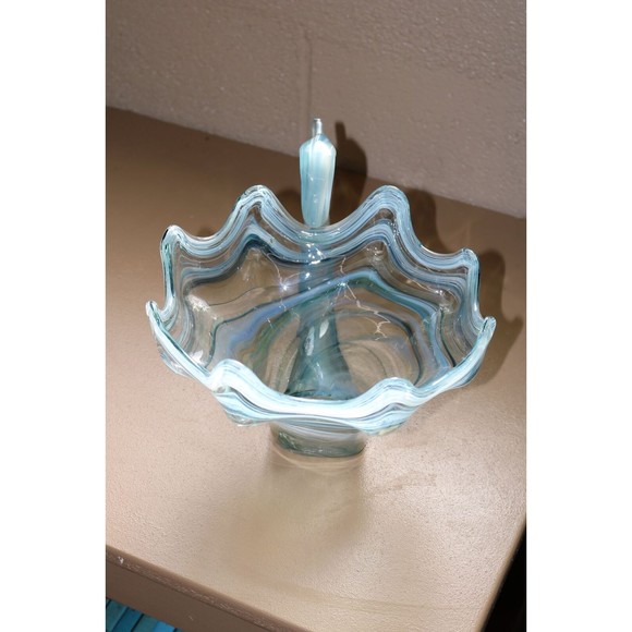 1970s Sooner Glass Multi Color Blue Swirl Swan Bowl with Ruffled Rim - Picture 3 of 9